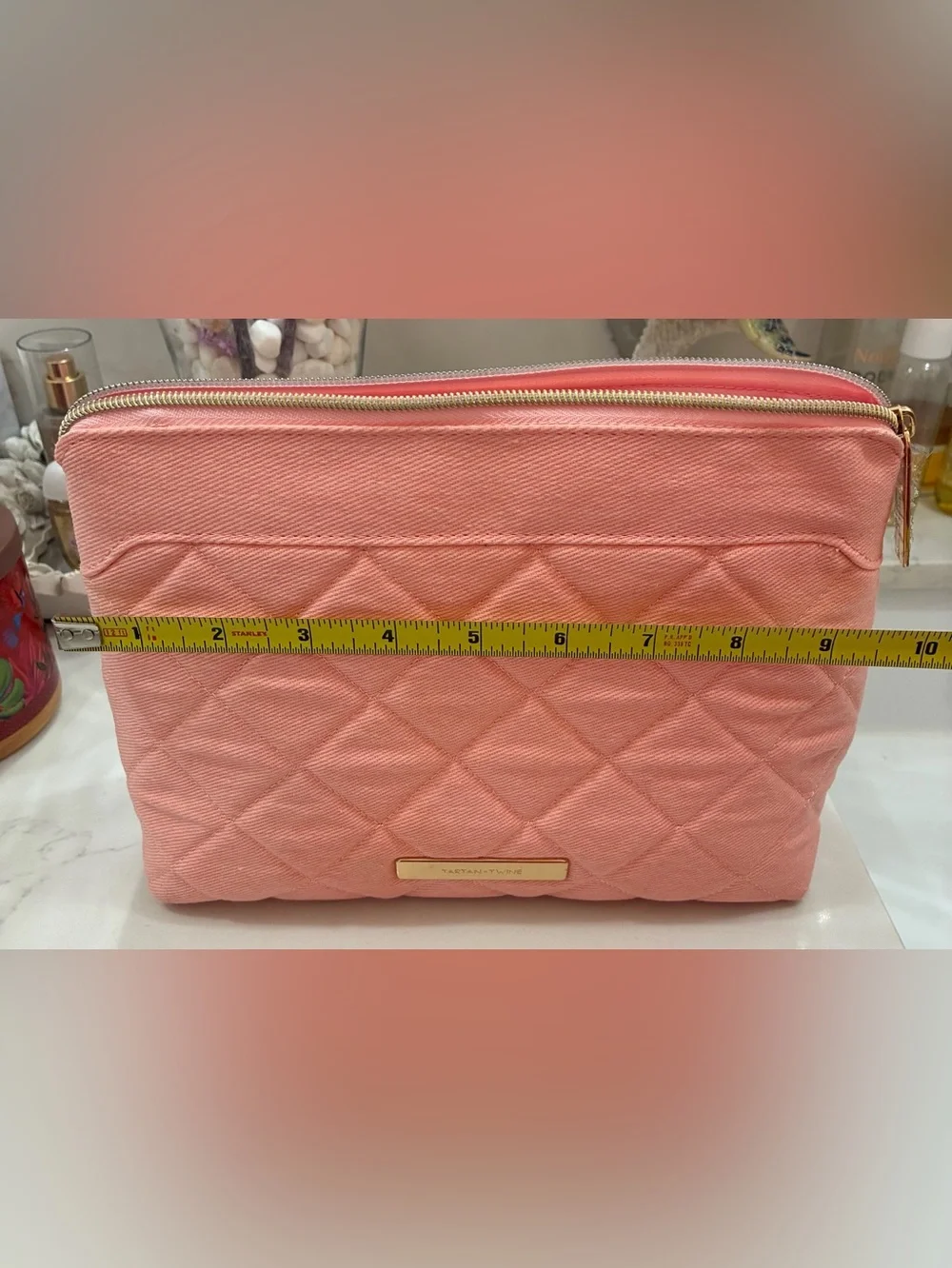 Tartan + Twine Coral Quilted Cosmetic Pouch with Gold Accents